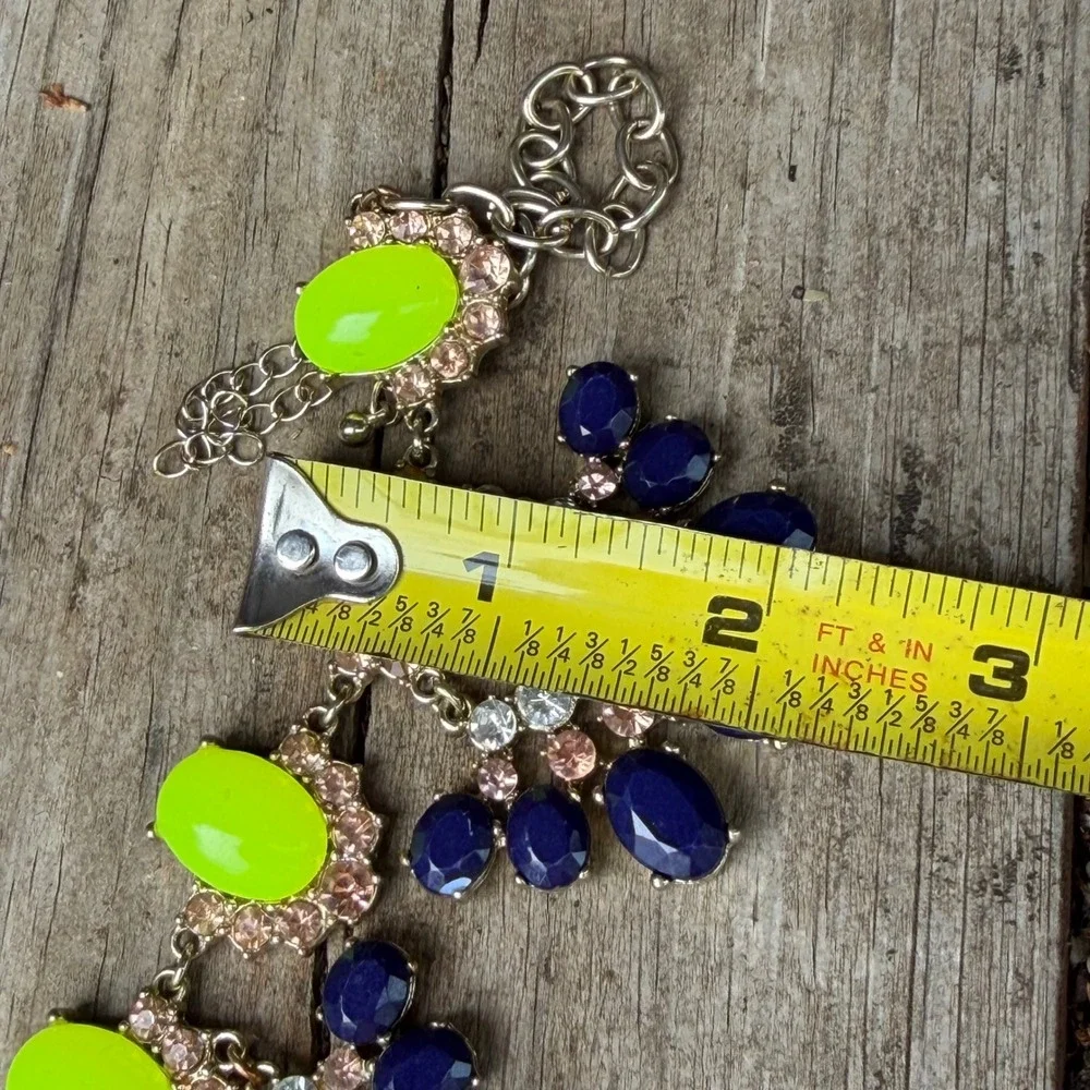 Neon Lime Chartreuse & Navy Blue Rhinestone Statement Bib Necklace